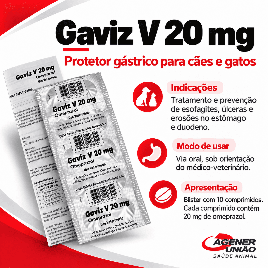 GavizV 20mg Blister 10 Comp Omeprazol CãesGatos Agener União