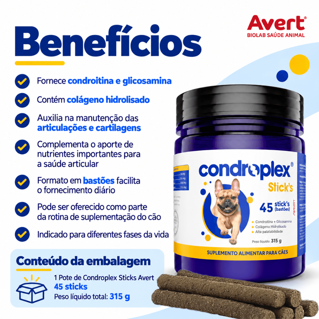 Suplemento P/ Cães Condroplex Sticks 315g C/ 45 Sticks Avert