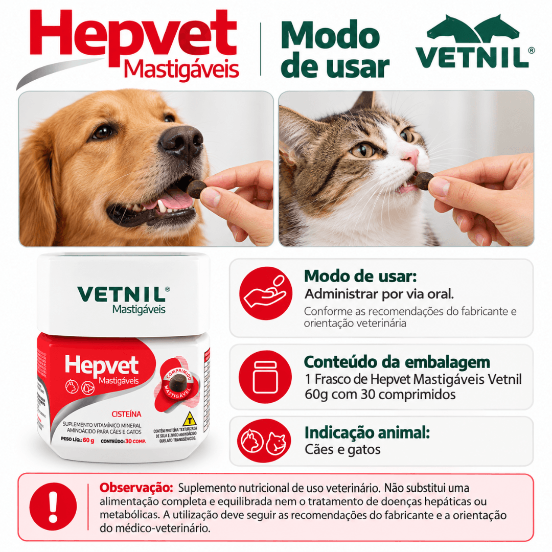 Suplemento Cães-Gatos Hepvet Mastigáveis 60g 30 Comp Vetnil