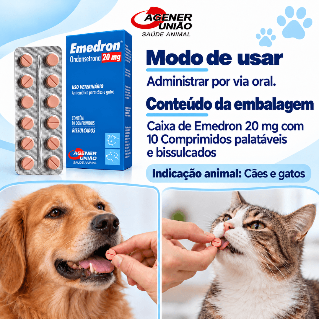 Emedron 20mg 10 Comp Antiemético P/ Cães-Gatos  Agener União