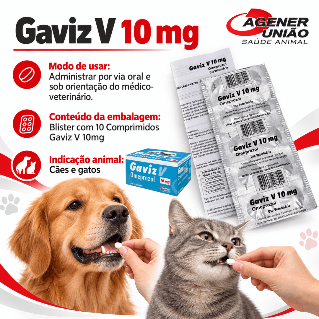 GavizV 10mg Blister 10 Comp Omeprazol CãesGatos Agener União