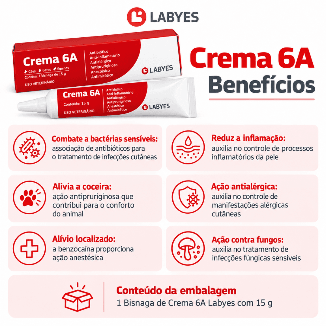 Pomada 6 Em 1 P/ Cães-Gatos-Equinos Crema 6A 15g - Labyes