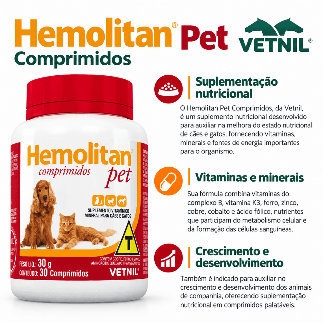 Suplemento P/ Cães-Gatos Hemolitan Pet 30g C/ 30 Comp Vetnil