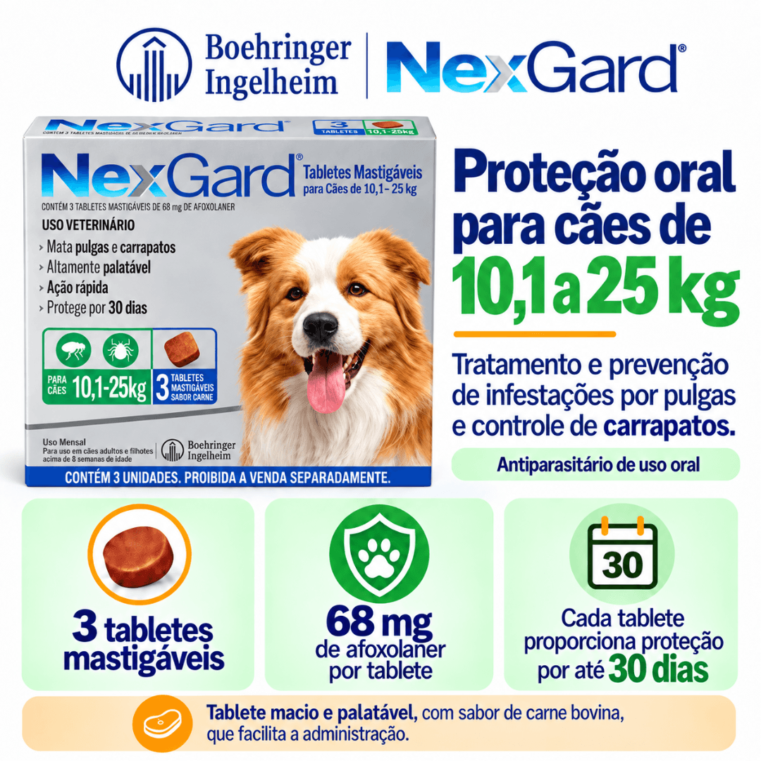 Antipulgas P/ Cães Nexgard 10kg-25kg C/ 3 Tablete Boehringer