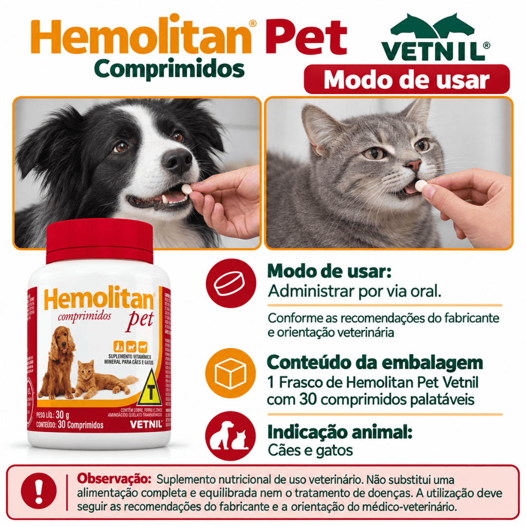 Suplemento P/ Cães-Gatos Hemolitan Pet 30g C/ 30 Comp Vetnil