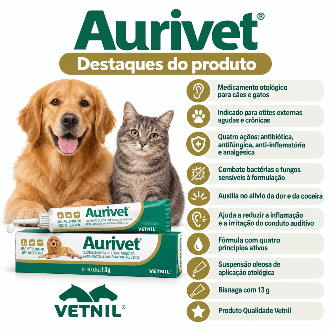 Pomada Otológica Para Cães-Gatos Aurivet 13g - Vetnil