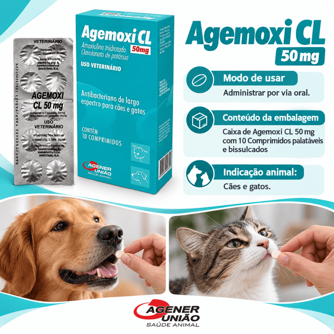 Agemoxi CL 50mg 10 Comp Antimicrobiano CãesGatos AgenerUnião