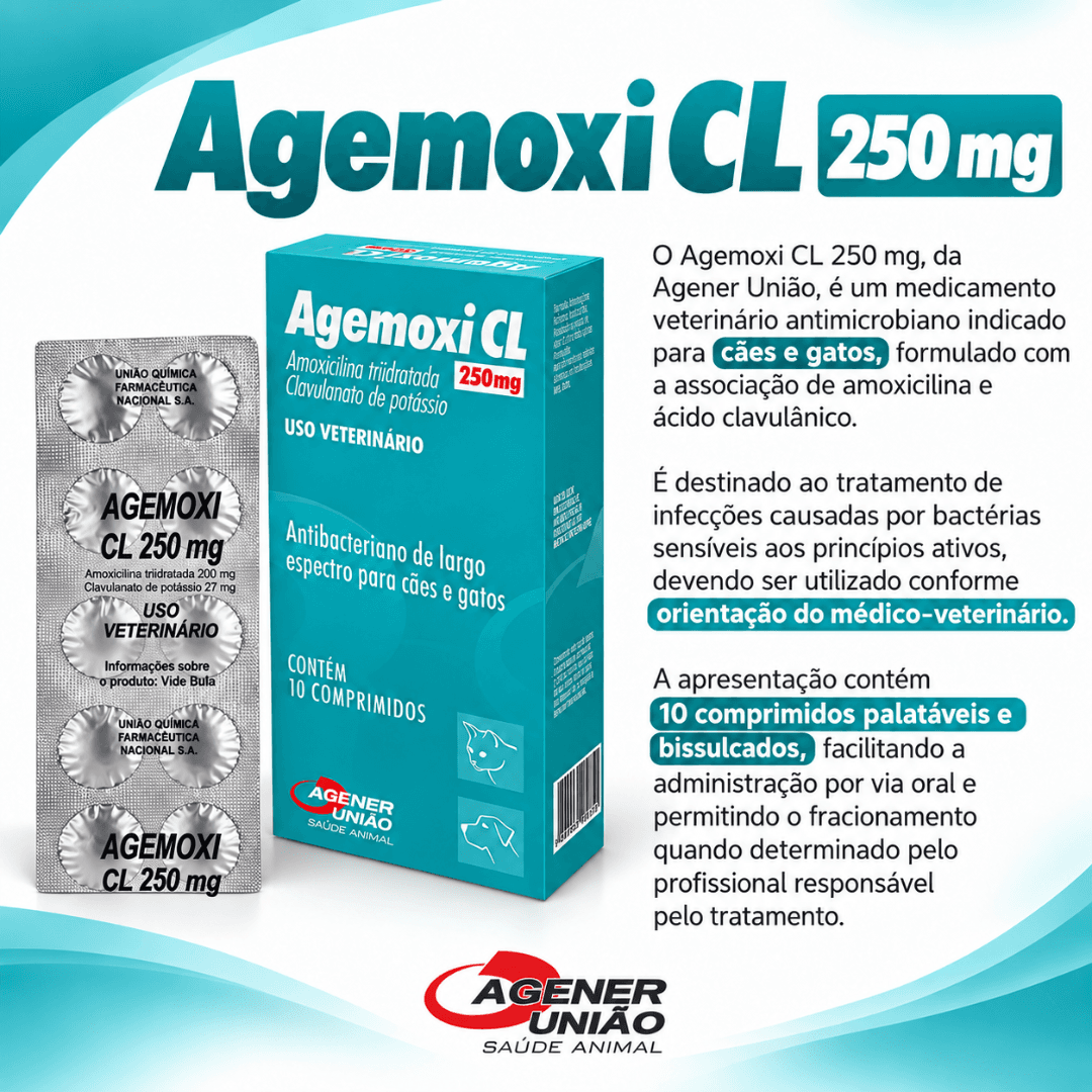Agemoxi CL 250mg 10 Comp Antimicrobiano Cão-Gato AgenerUnião