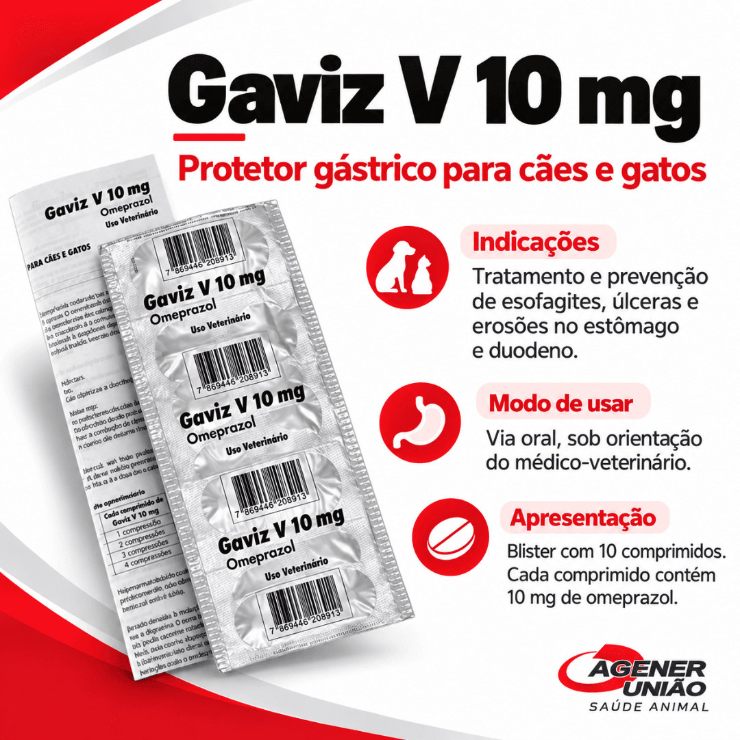 GavizV 10mg Blister 10 Comp Omeprazol CãesGatos Agener União