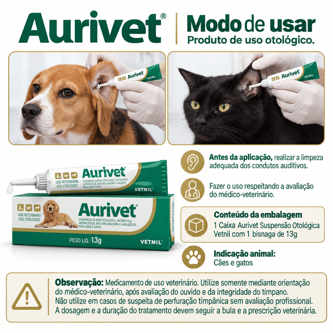 Pomada Otológica Para Cães-Gatos Aurivet 13g - Vetnil