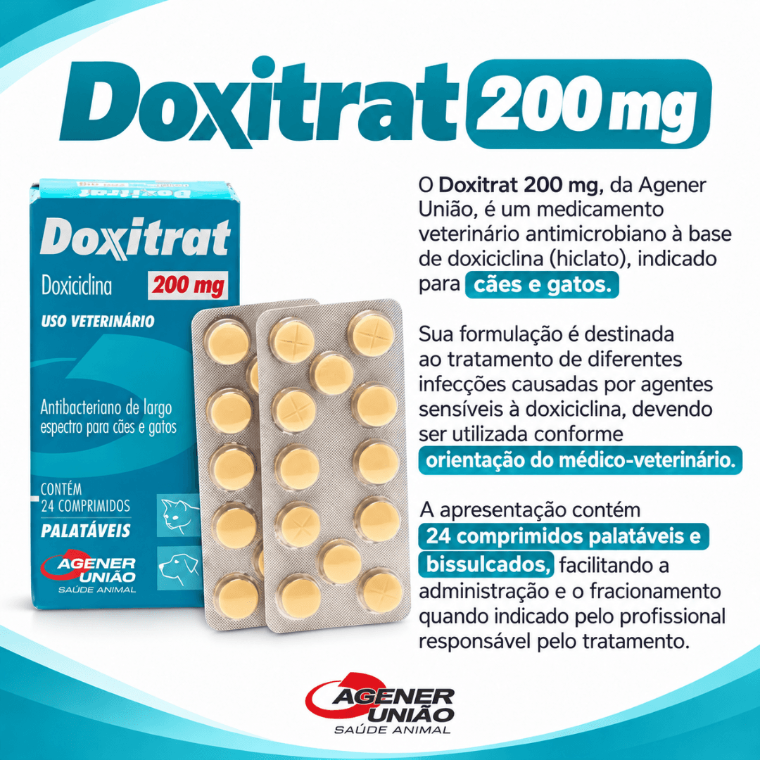Doxitrat 200mg 24 Comp Antibacteriano CãesGatos Agener União