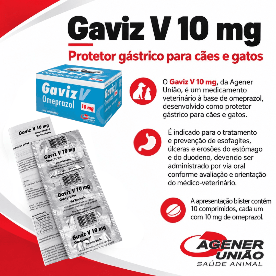 GavizV 10mg Blister 10 Comp Omeprazol CãesGatos Agener União