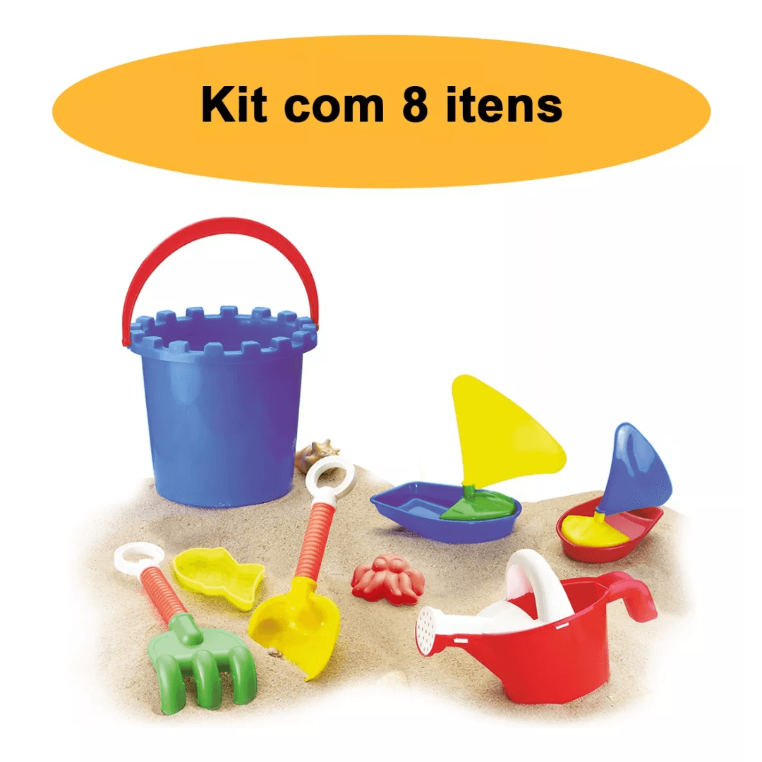 Balde de Praia Kit c/ 8 Peças Para Brincar Areia Infantil