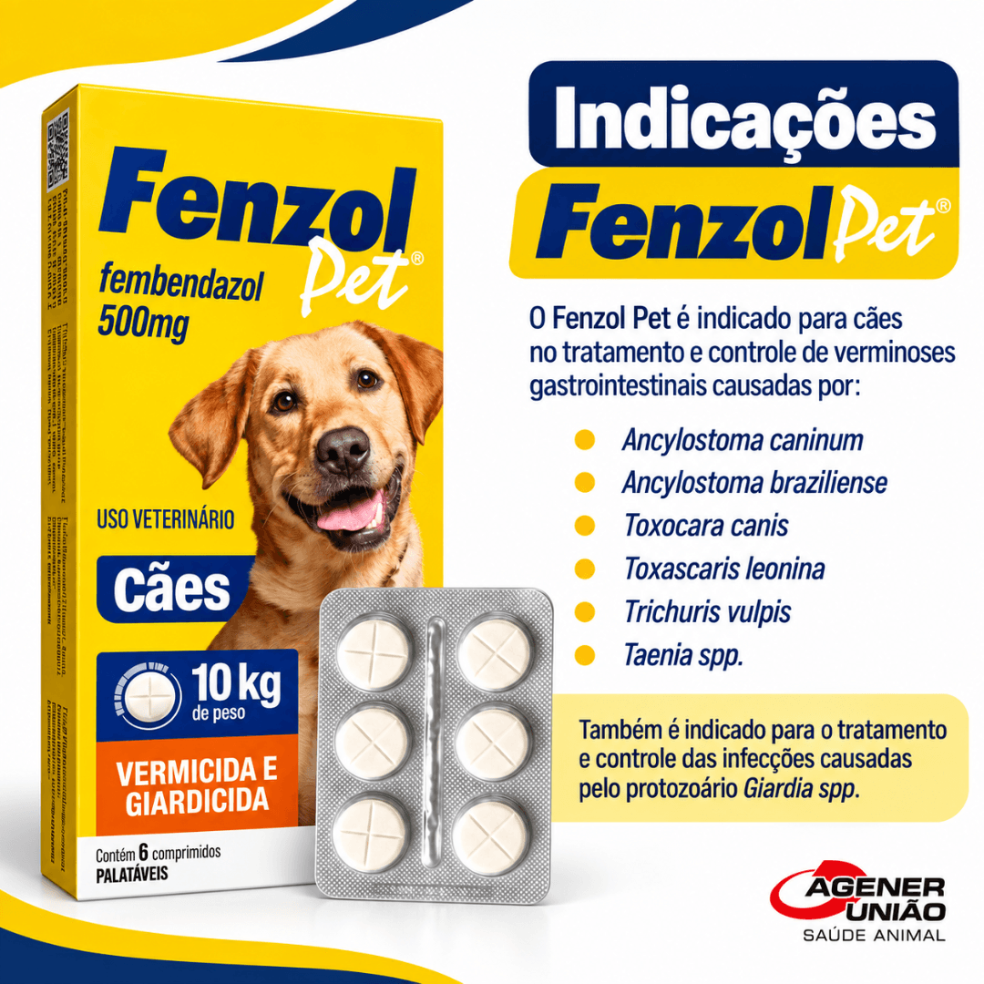 Vermífugo Para Cães Fenzol Pet 500mg C/ 6 Comp Agener União