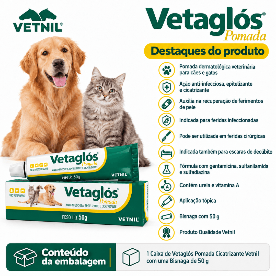 Pomada Cicatrizante Para Cães-Gatos Vetaglós 50g - Vetnil