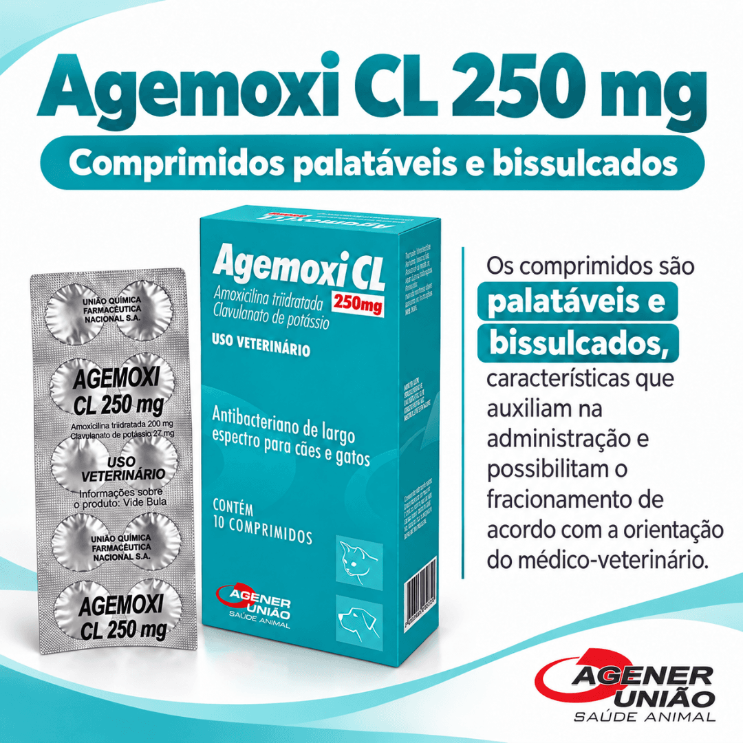 Agemoxi CL 250mg 10 Comp Antimicrobiano Cão-Gato AgenerUnião