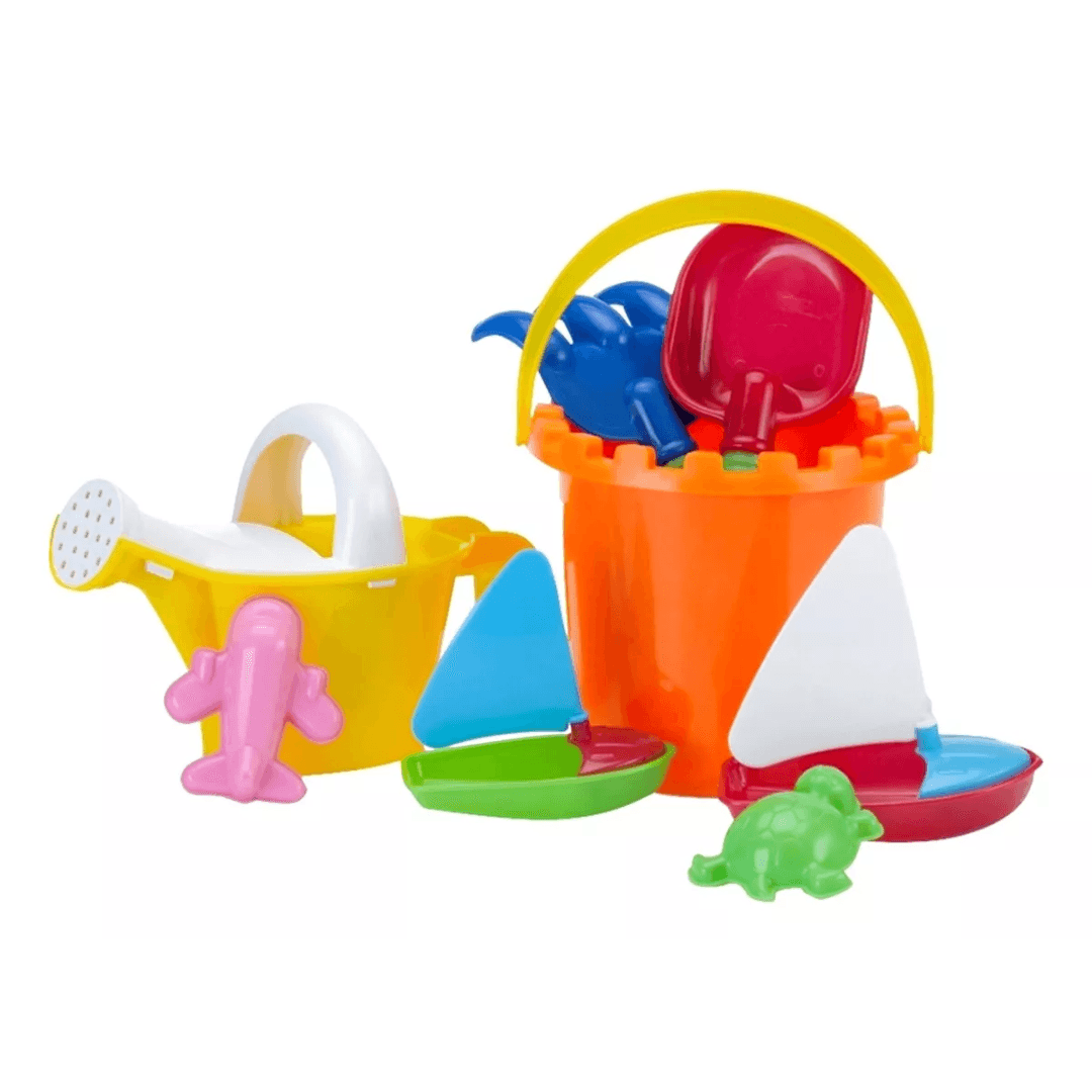 Balde de Praia Kit c/ 8 Peças Para Brincar Areia Infantil