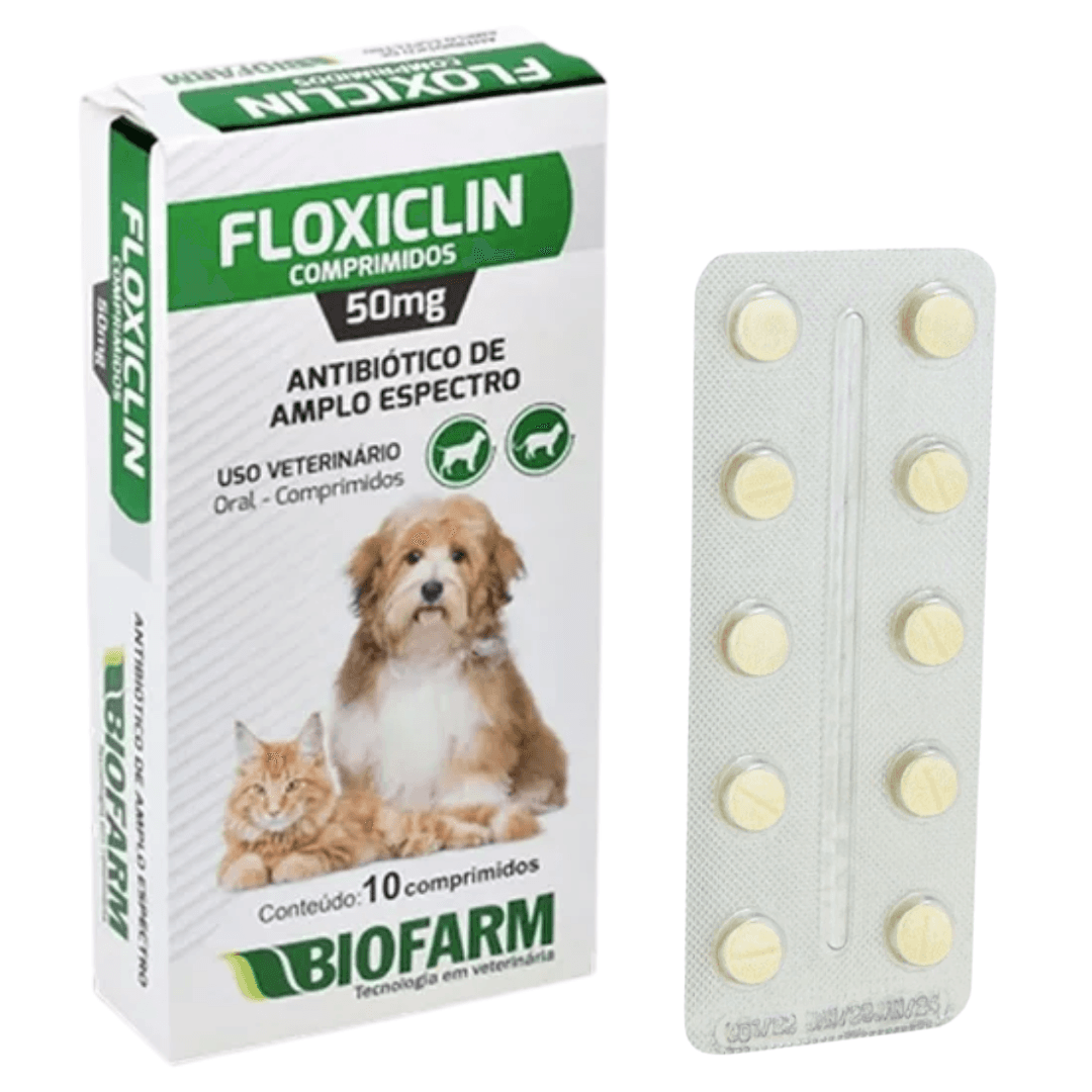 Floxiclin 50mg Antibiótico Cães-Gatos Caixa 10 Comp Biofarm
