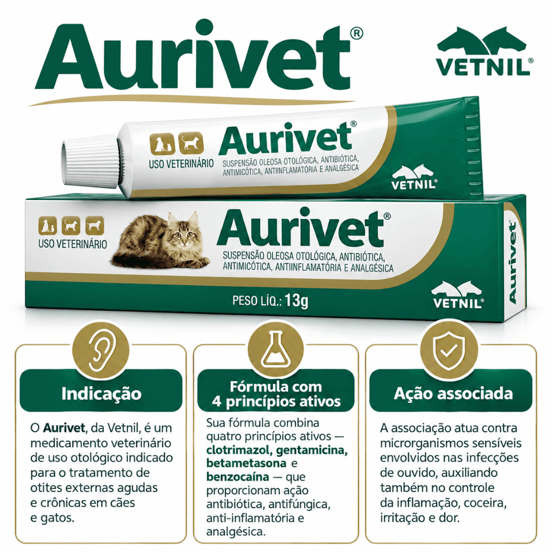 Pomada Otológica Para Cães-Gatos Aurivet 13g - Vetnil