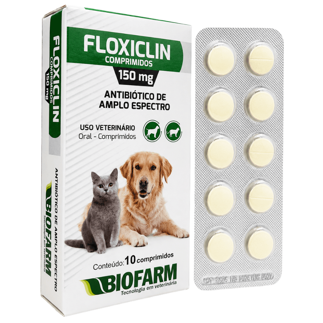 Floxiclin 150mg Antibiótico Cães-Gatos Caixa 10 Comp Biofarm