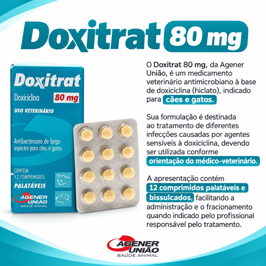 Doxitrat 80mg 12 Comp Antibacteriano Cães-Gatos Agener União