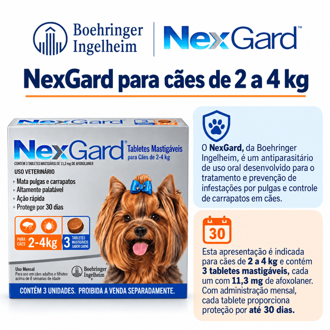 Antipulgas P/ Cães Nexgard 2kg-4kg C/ 3 Tabletes Boehringer