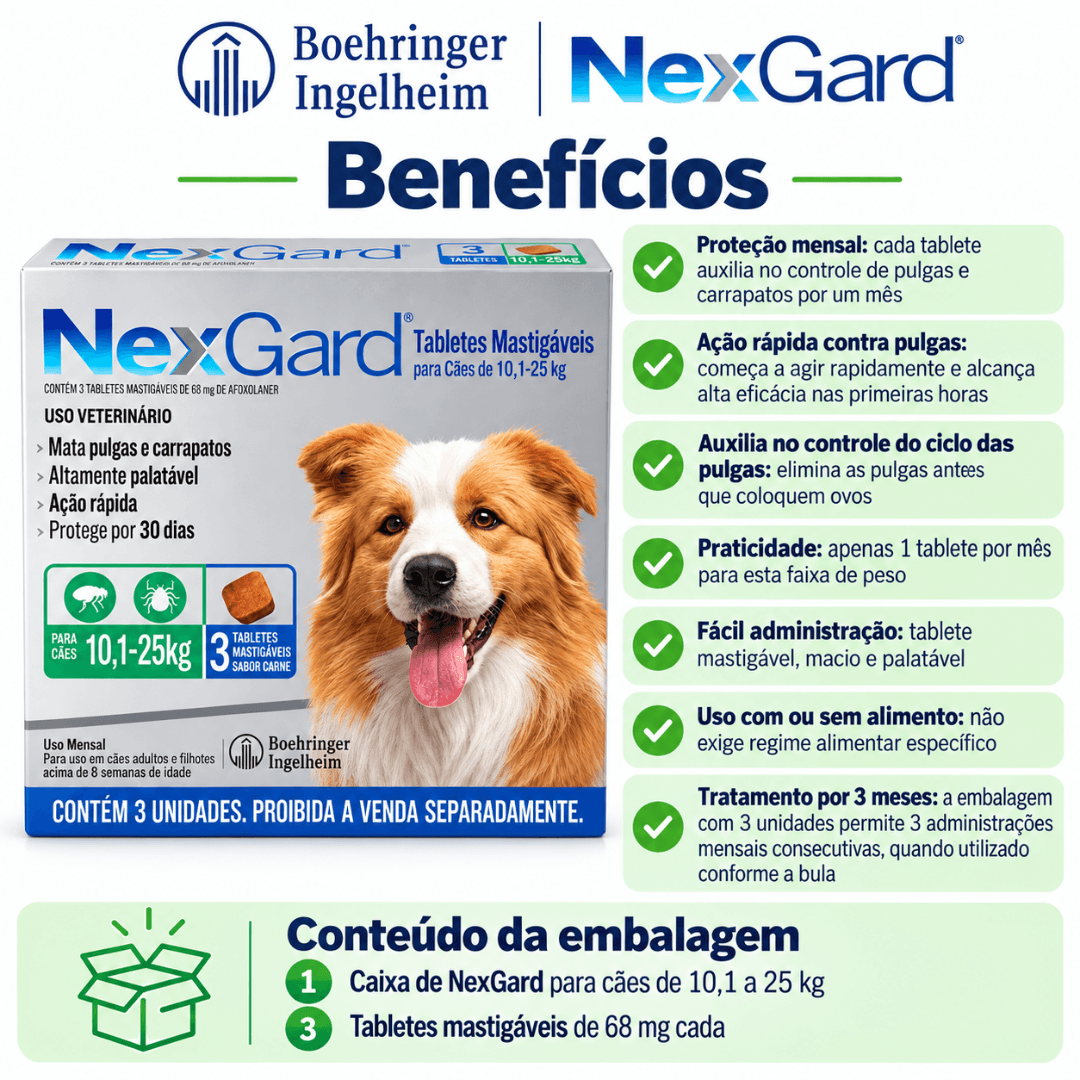 Antipulgas P/ Cães Nexgard 10kg-25kg C/ 3 Tablete Boehringer