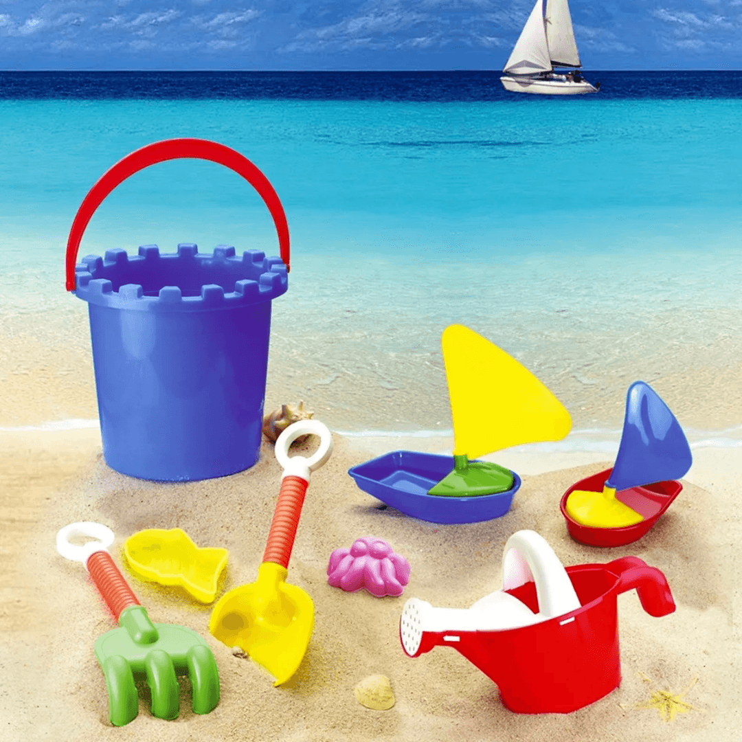Balde de Praia Kit c/ 8 Peças Para Brincar Areia Infantil