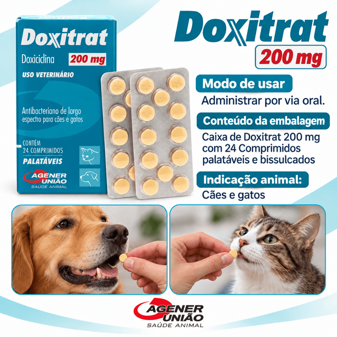 Doxitrat 200mg 24 Comp Antibacteriano CãesGatos Agener União