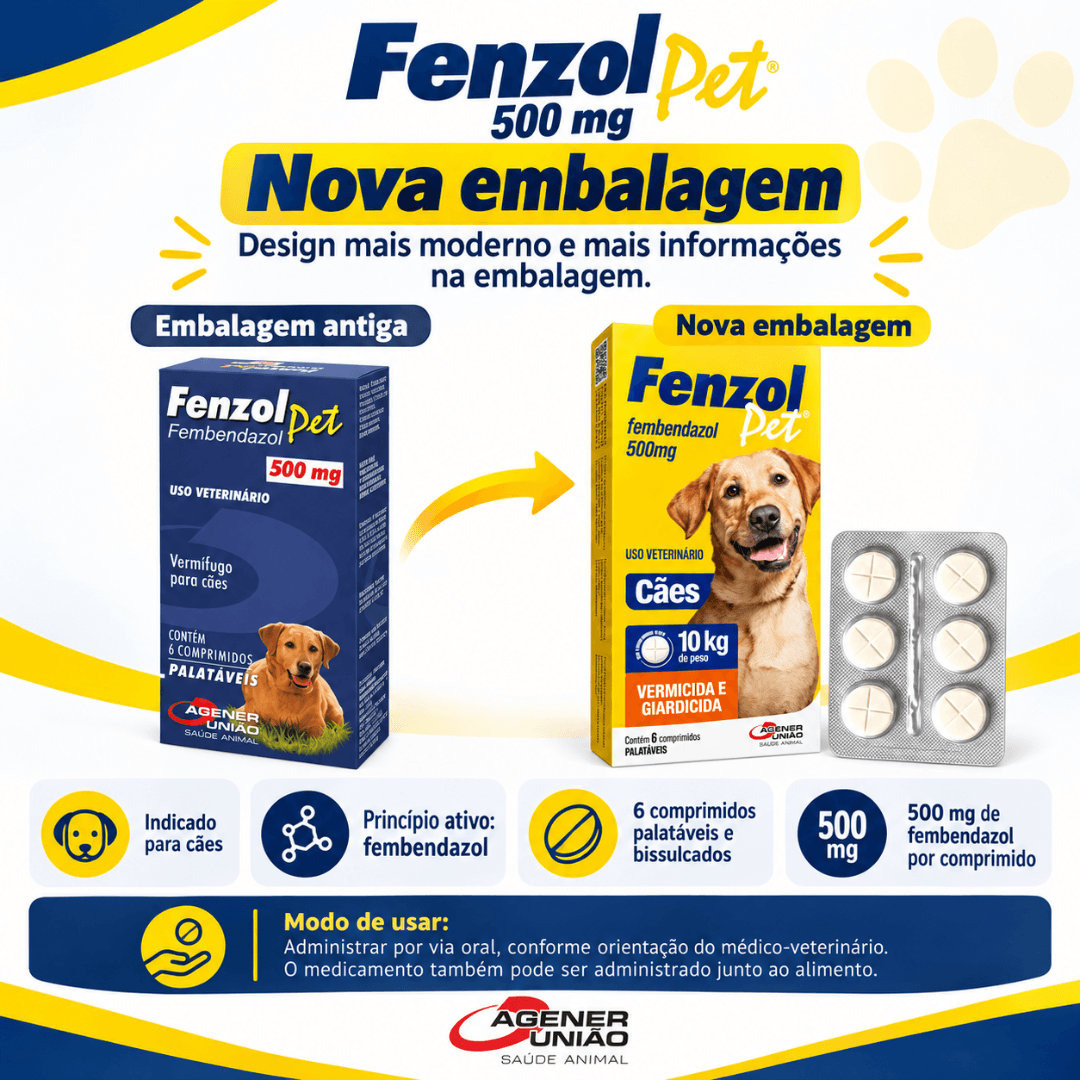 Vermífugo Para Cães Fenzol Pet 500mg C/ 6 Comp Agener União