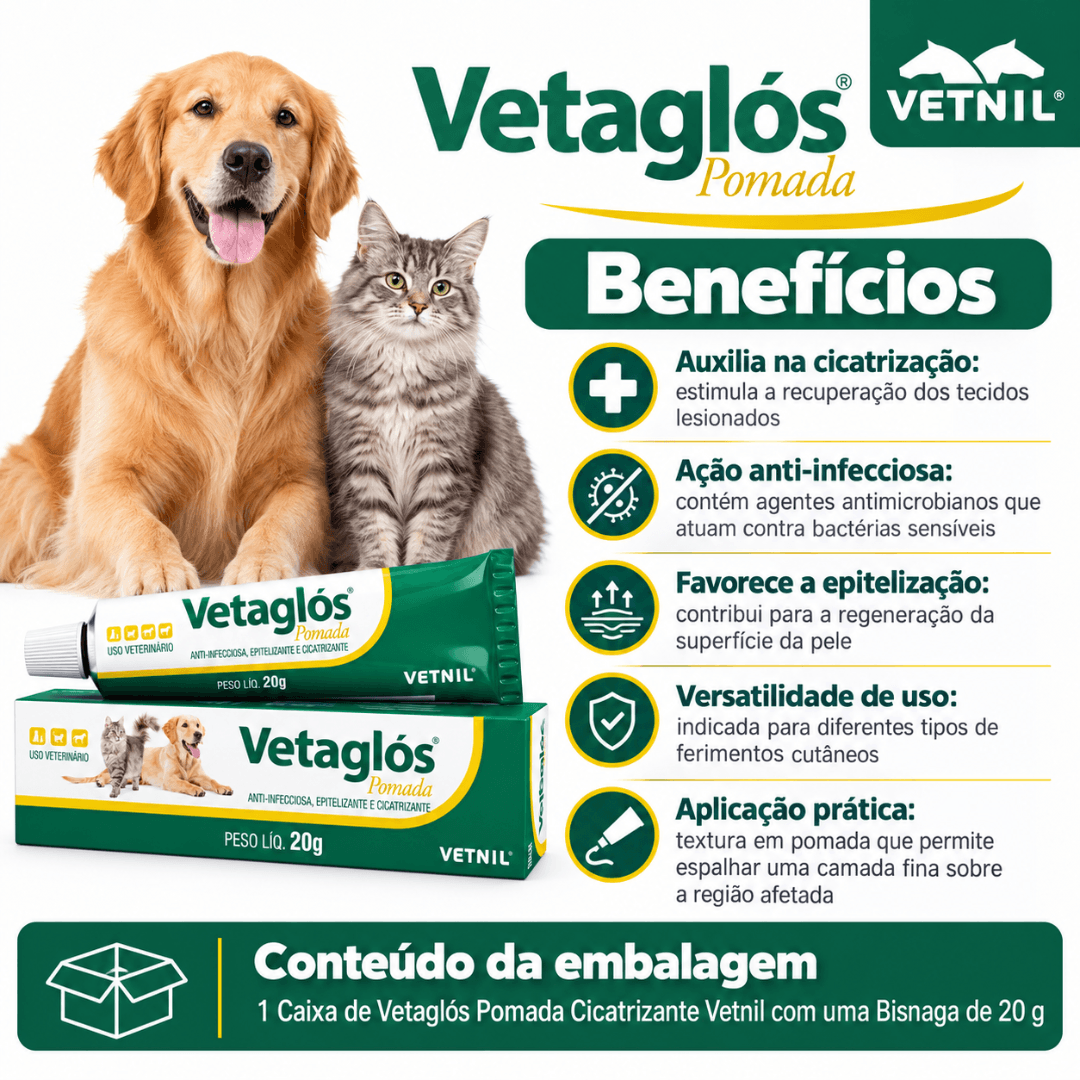 Pomada Cicatrizante Para Cães-Gatos Vetaglós 20g - Vetnil