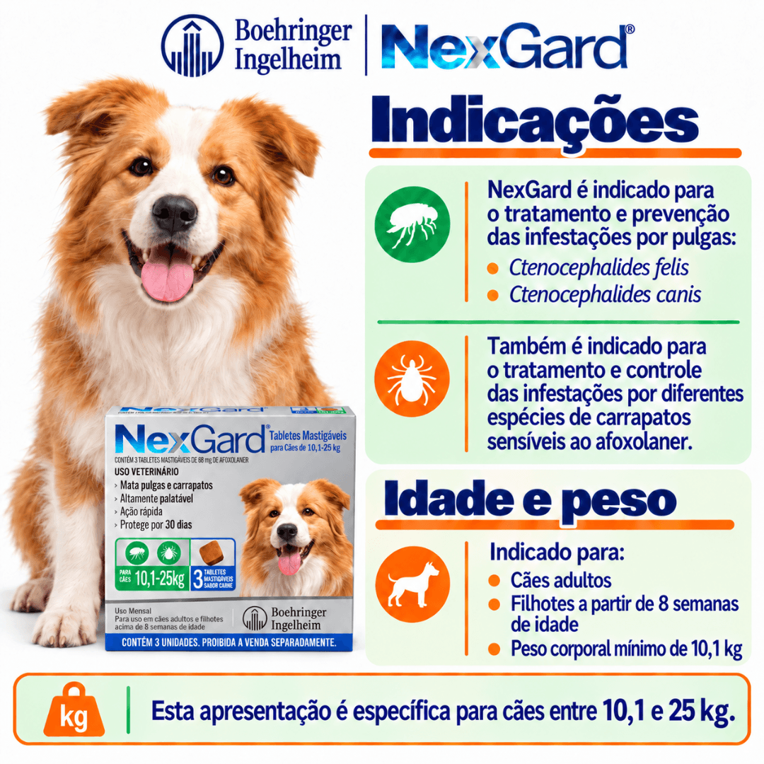 Antipulgas P/ Cães Nexgard 10kg-25kg C/ 3 Tablete Boehringer
