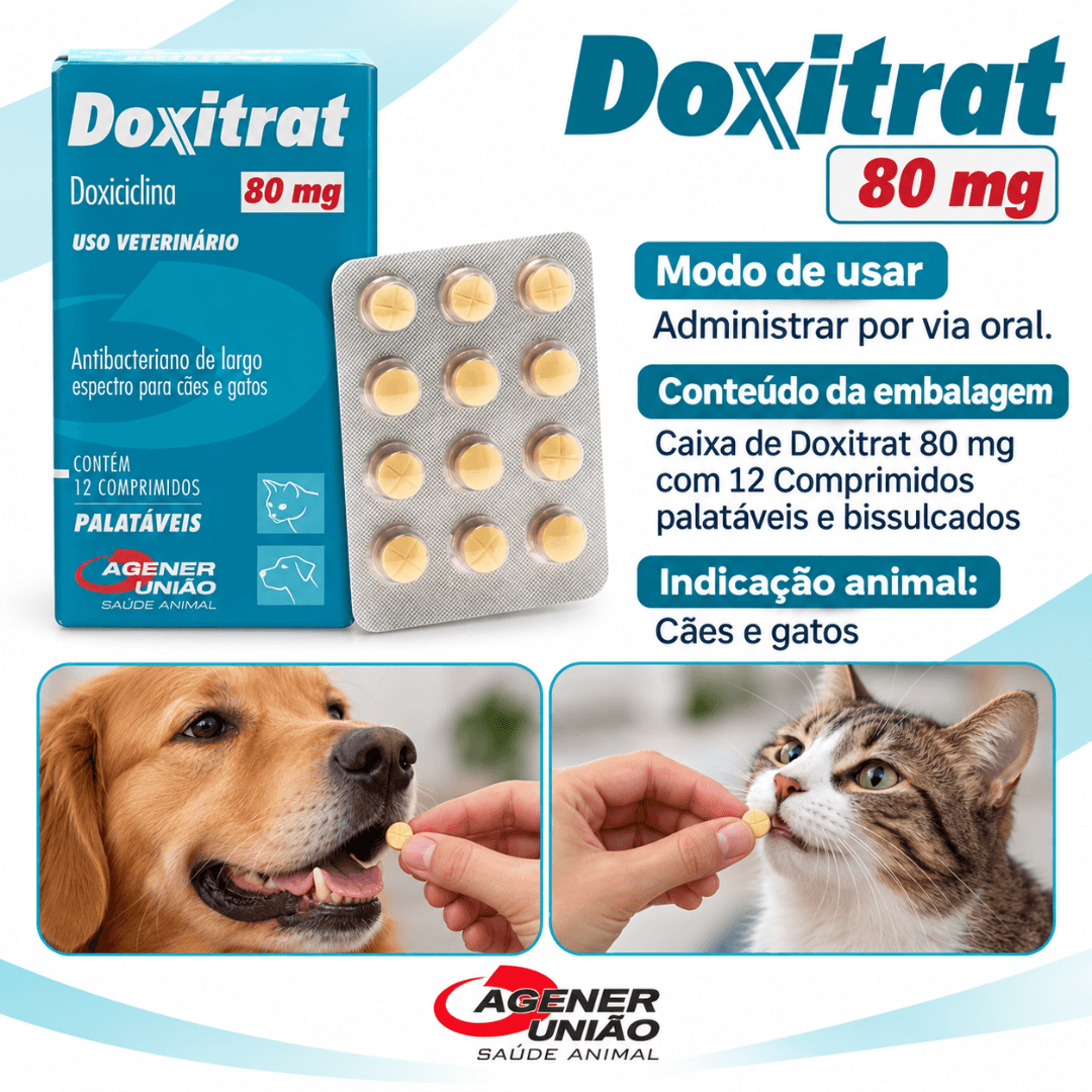 Doxitrat 80mg 12 Comp Antibacteriano Cães-Gatos Agener União