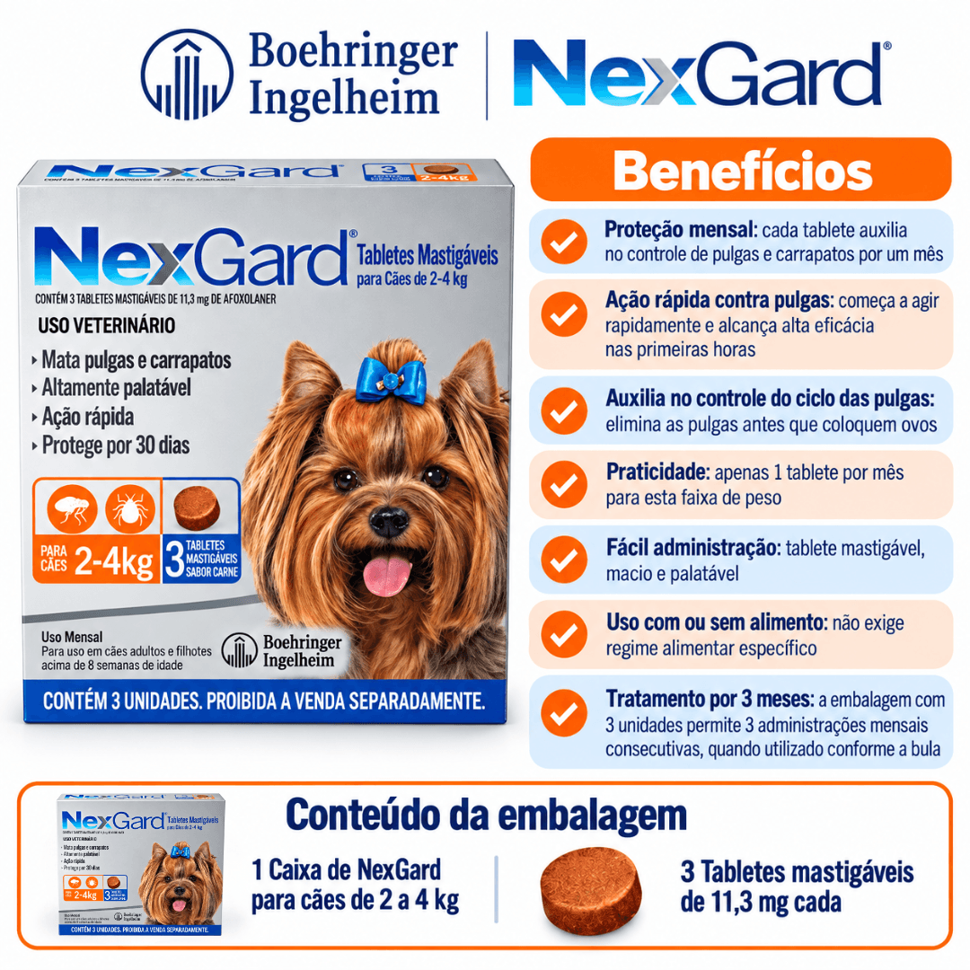Antipulgas P/ Cães Nexgard 2kg-4kg C/ 3 Tabletes Boehringer