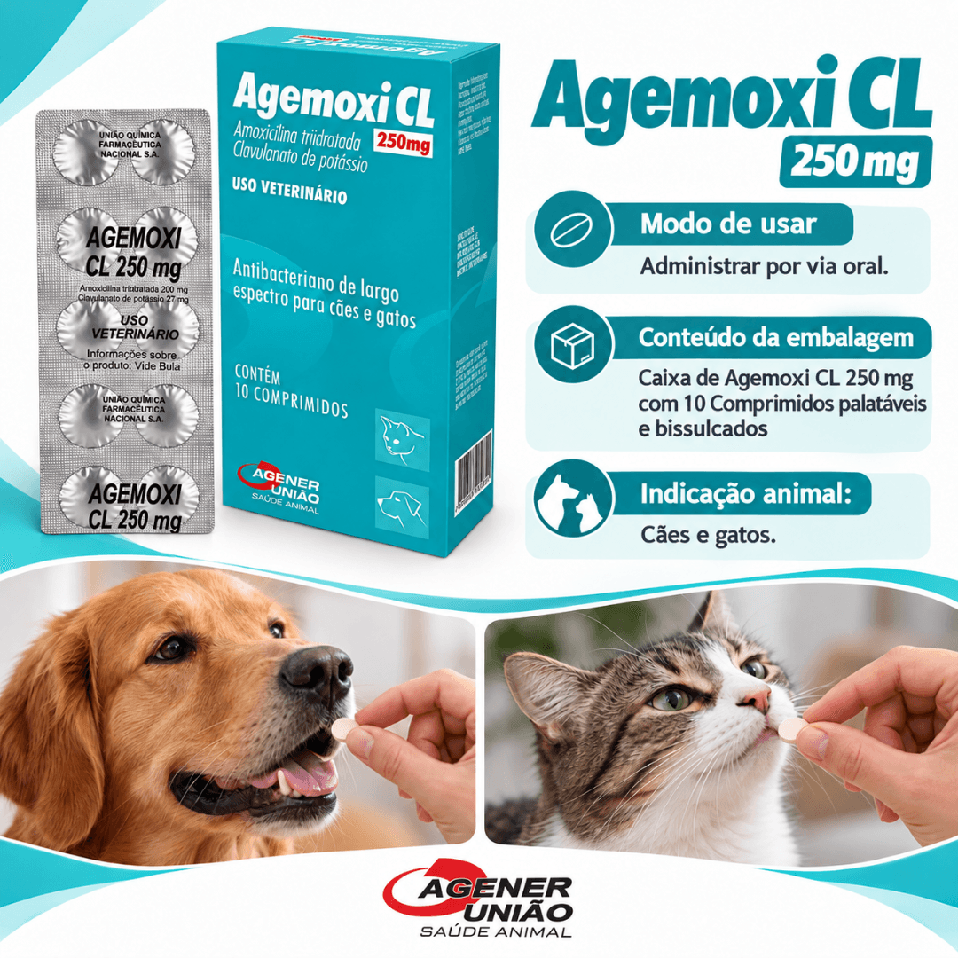 Agemoxi CL 250mg 10 Comp Antimicrobiano Cão-Gato AgenerUnião