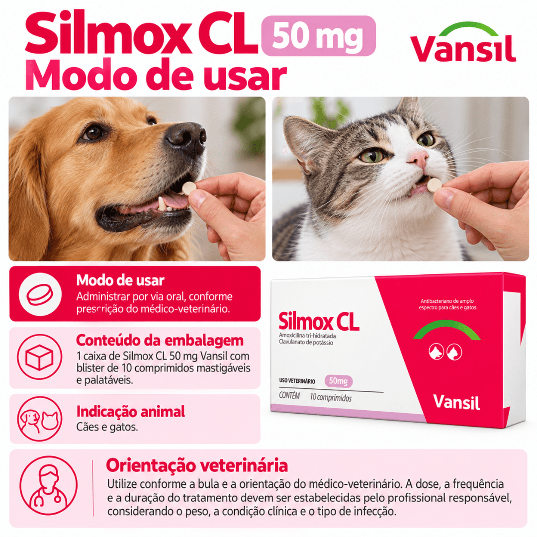 Silmox CL 50mg C/ 10 Comp Antibacteriano Cães-Gatos Vansil