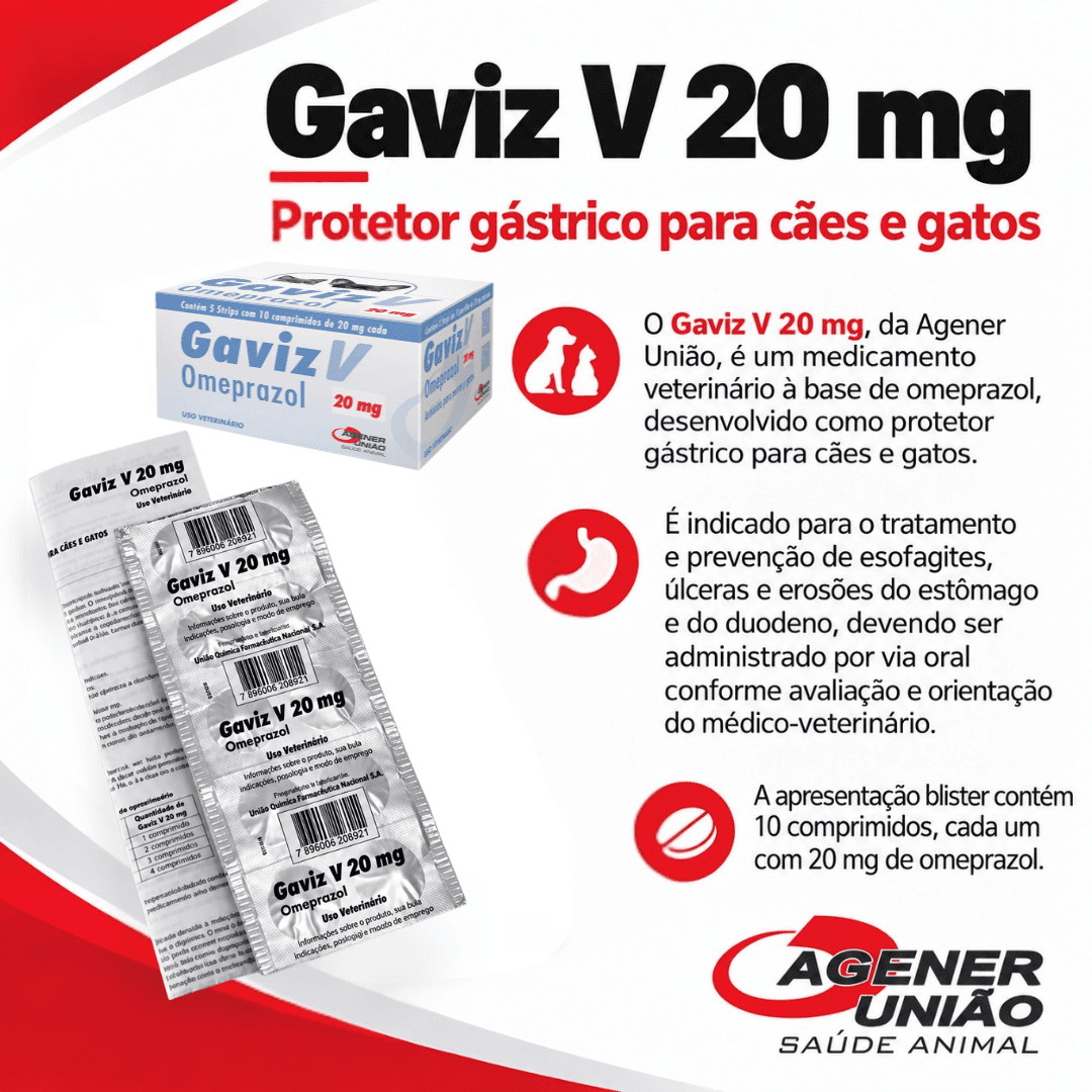 GavizV 20mg Blister 10 Comp Omeprazol CãesGatos Agener União