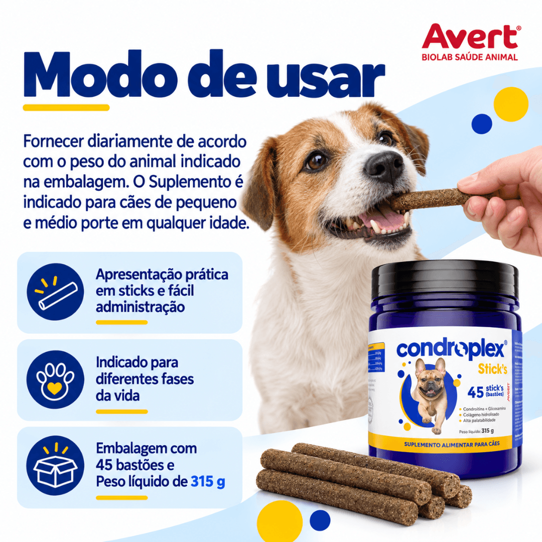 Suplemento P/ Cães Condroplex Sticks 315g C/ 45 Sticks Avert
