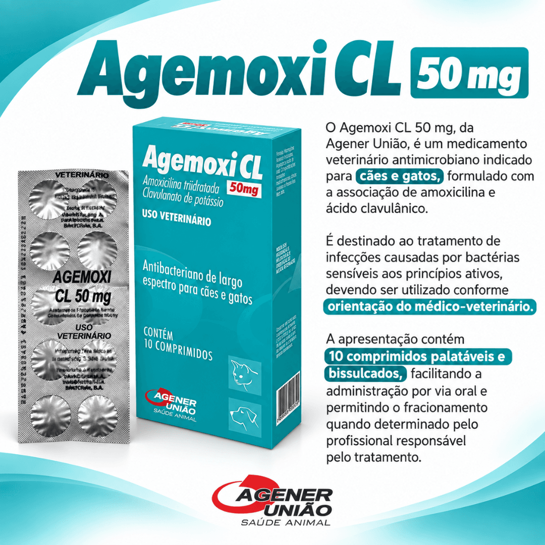 Agemoxi CL 50mg 10 Comp Antimicrobiano CãesGatos AgenerUnião