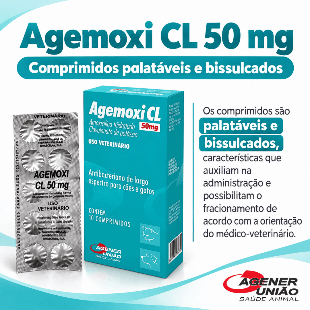 Agemoxi CL 50mg 10 Comp Antimicrobiano CãesGatos AgenerUnião