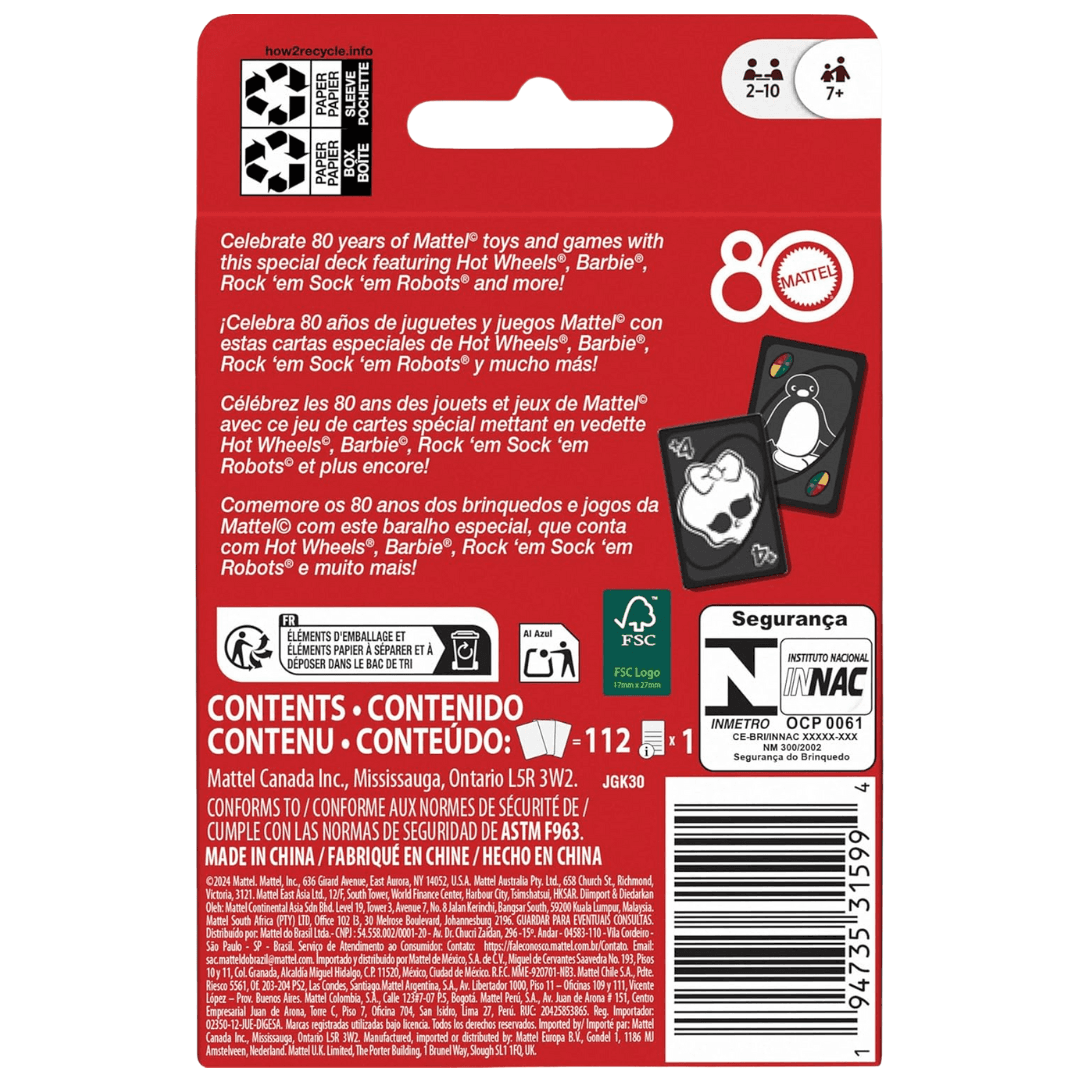 Jogo De Cartas UNO 80 Anos Mattel Com 112 Cartas Original