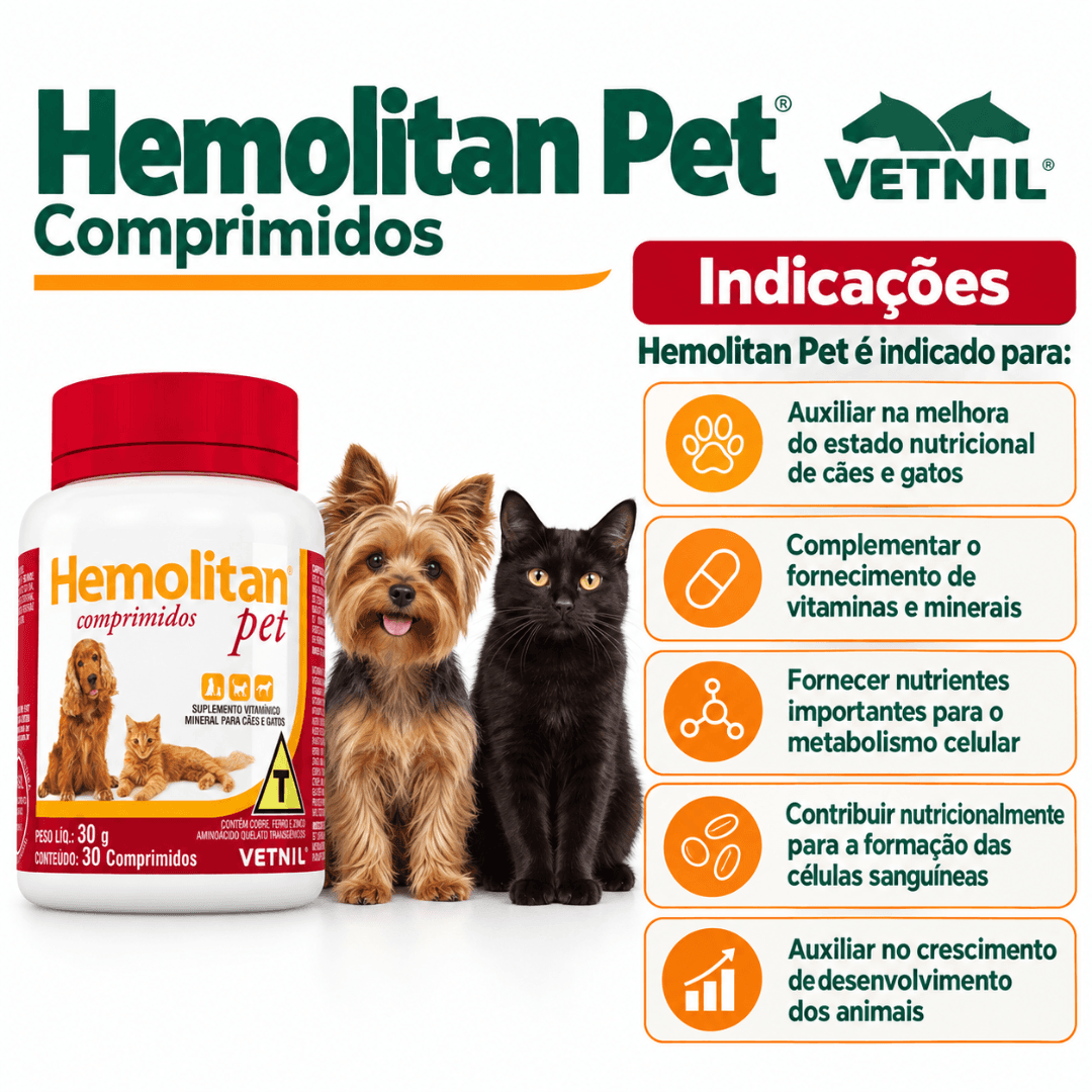 Suplemento P/ Cães-Gatos Hemolitan Pet 30g C/ 30 Comp Vetnil