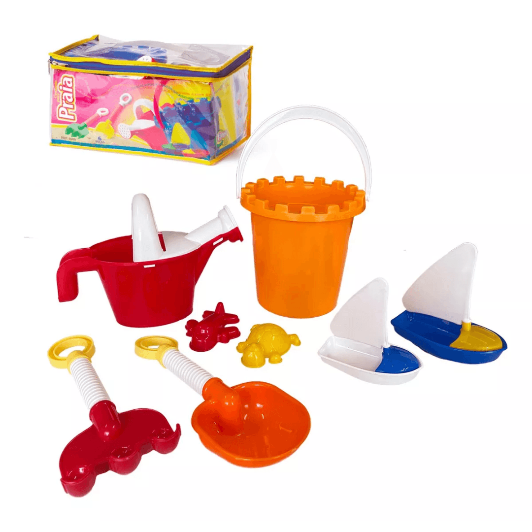 Balde de Praia Kit c/ 8 Peças Para Brincar Areia Infantil