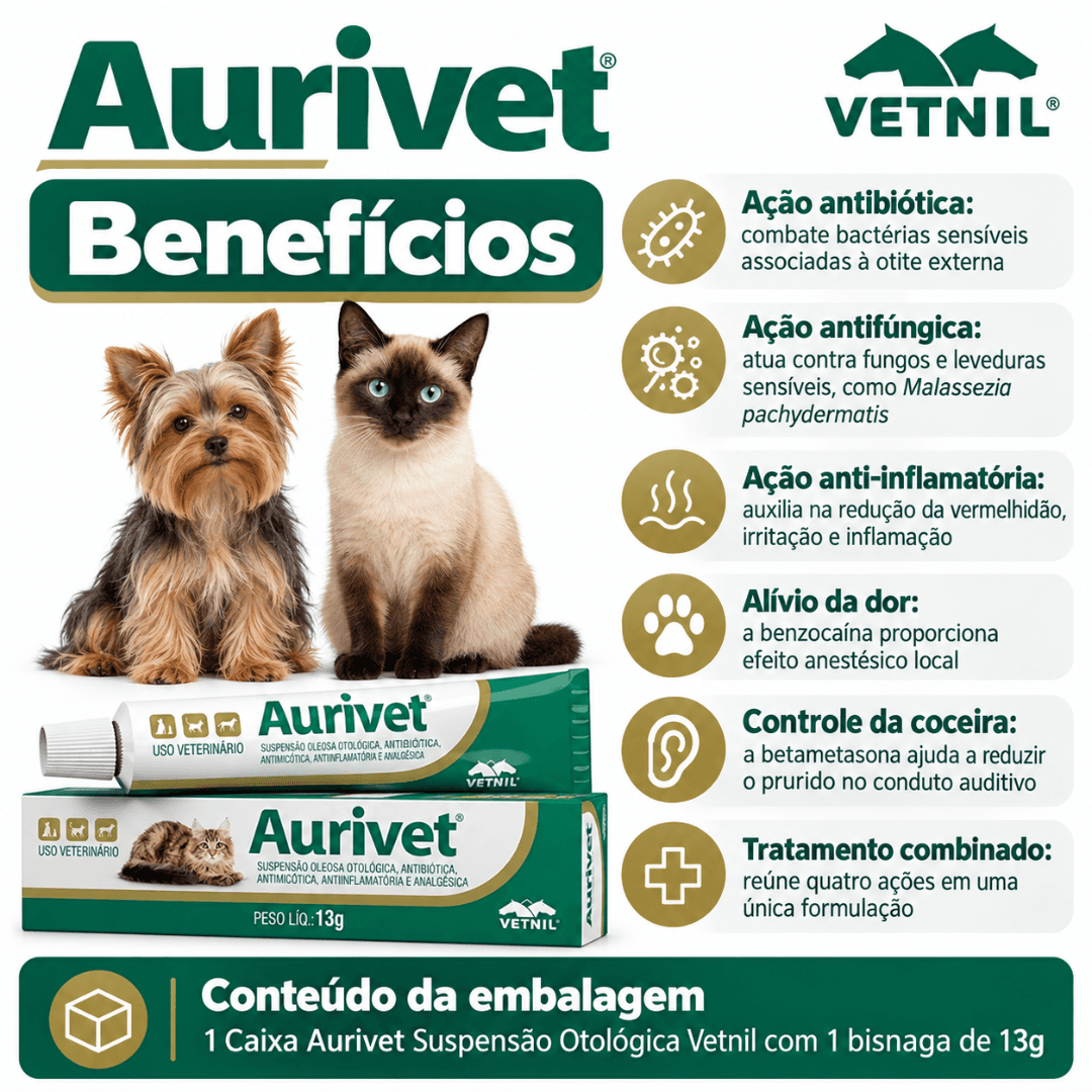 Pomada Otológica Para Cães-Gatos Aurivet 13g - Vetnil