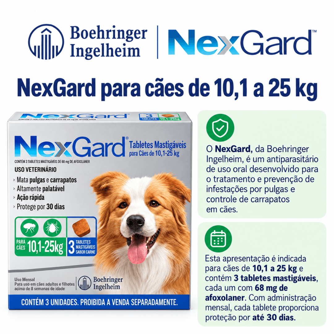 Antipulgas P/ Cães Nexgard 10kg-25kg C/ 3 Tablete Boehringer