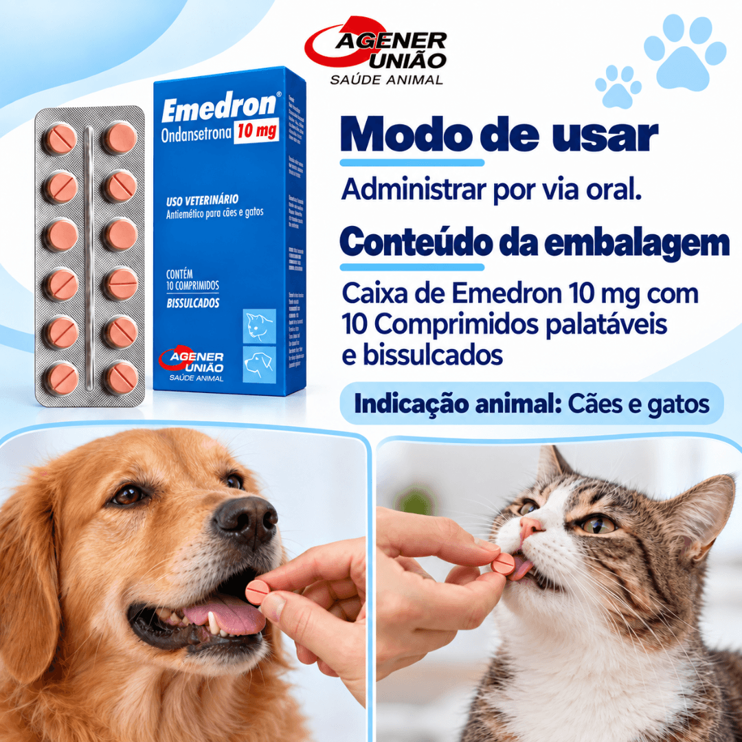 Emedron 10mg 10 Comp Antiemético P/ Cães-Gatos  Agener União