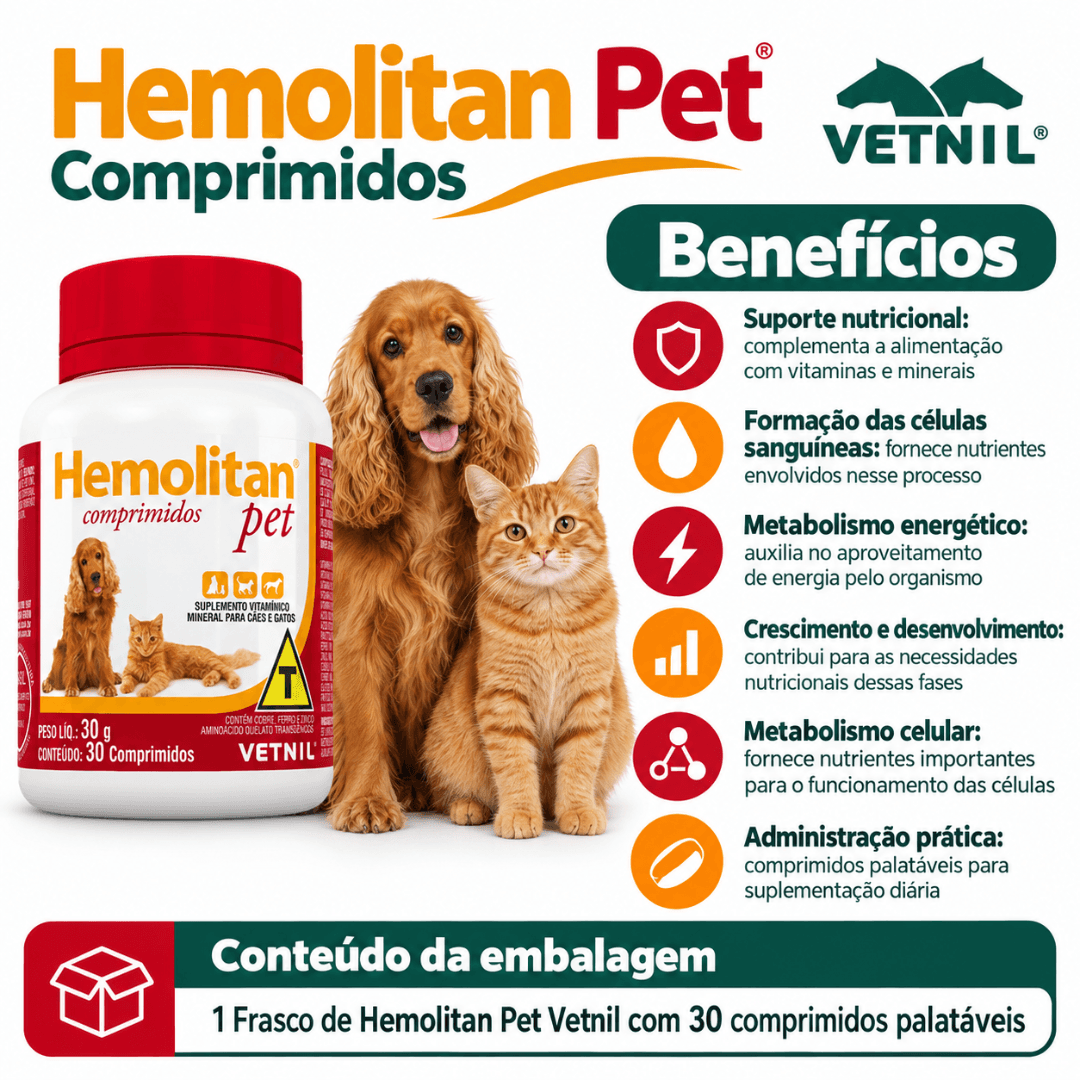 Suplemento P/ Cães-Gatos Hemolitan Pet 30g C/ 30 Comp Vetnil